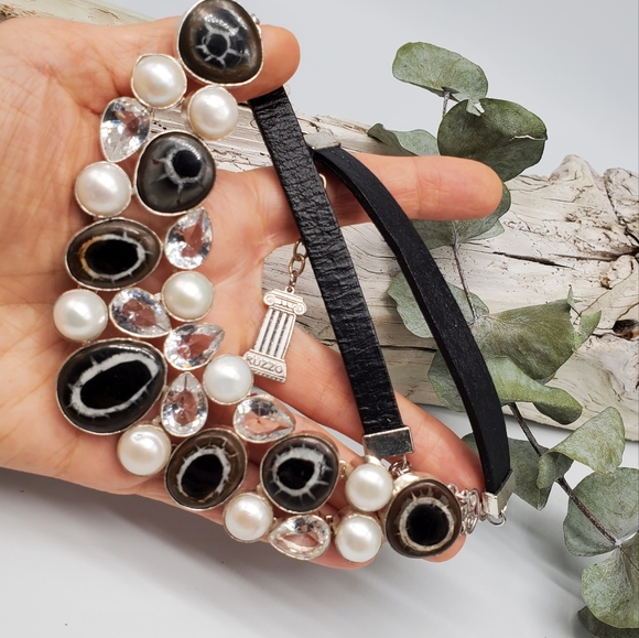 Natural Ocean Fossil Jewelry Designer Necklace Silver Leather Genuine Stone - Picture 4 of 14